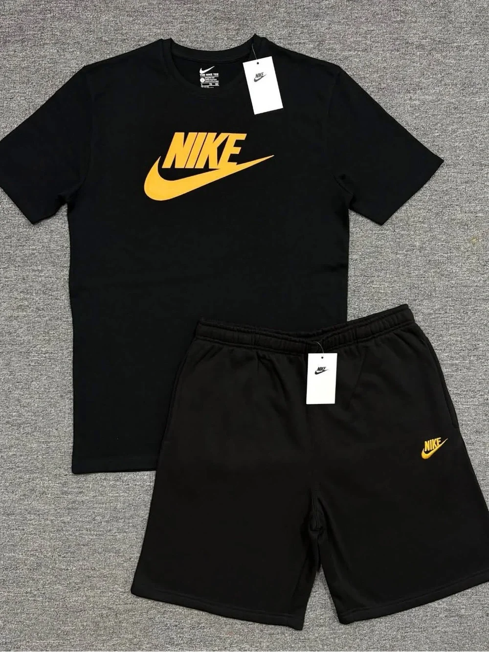 Nike Black Tee and Shorts Set with Yellow Logo